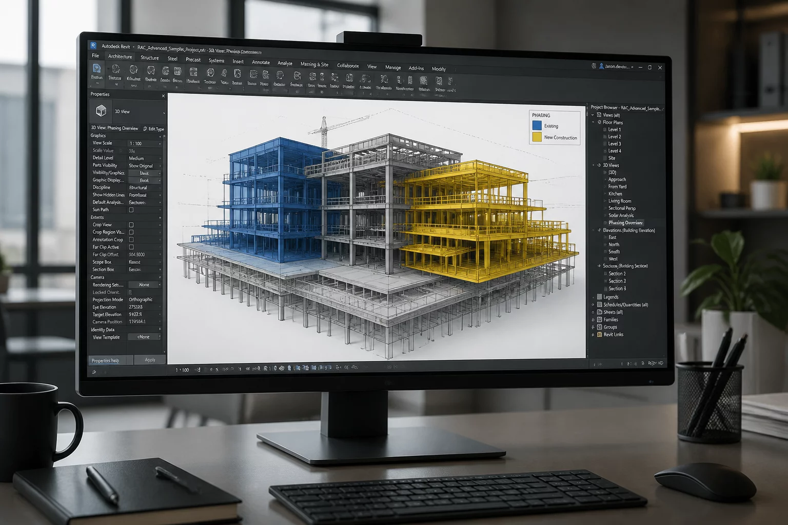 3D BIM model showing color-coded project phasing and building elements history