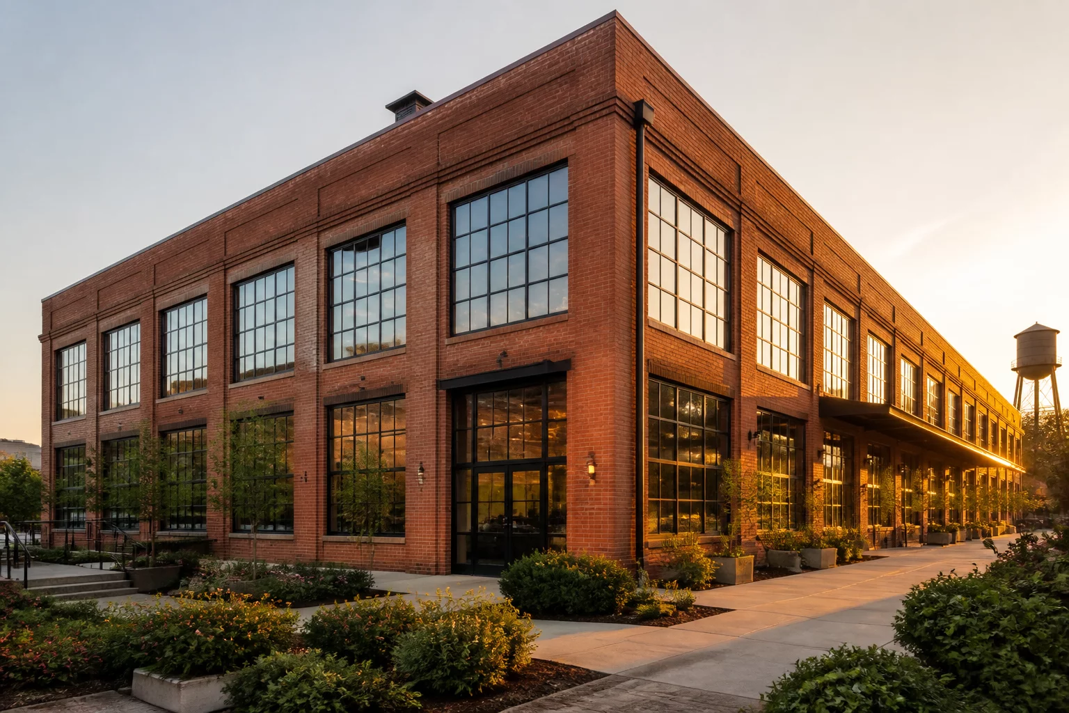 Renovated industrial warehouse with large loft windows
