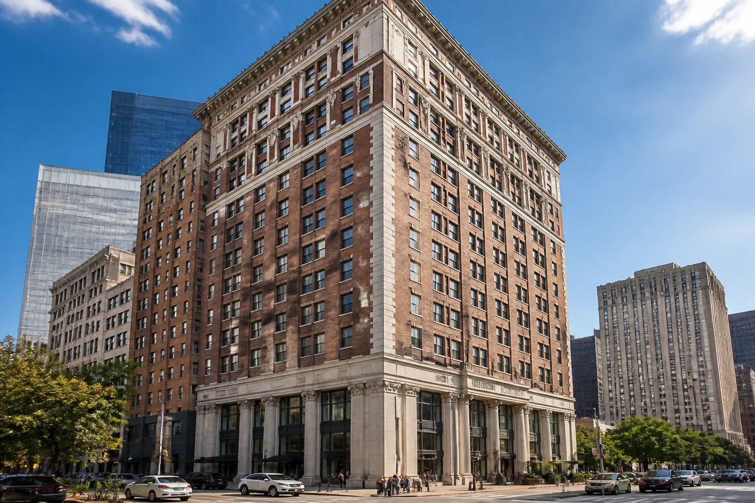 Exterior view of a tall historic brick building converted into modern apartments