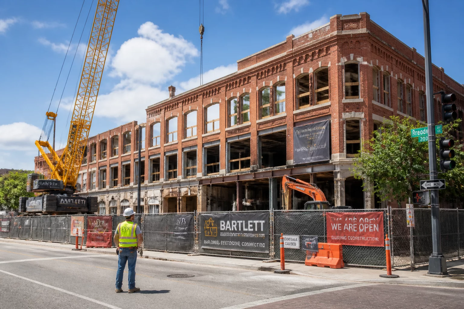 Active construction site at an old commercial building with a crane