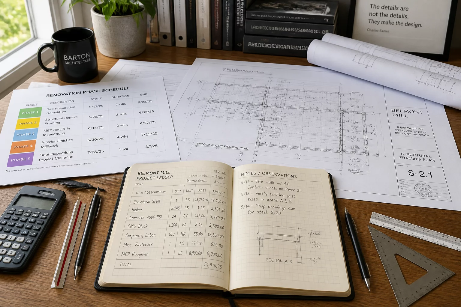 Architectural ledger records and phasing workflow