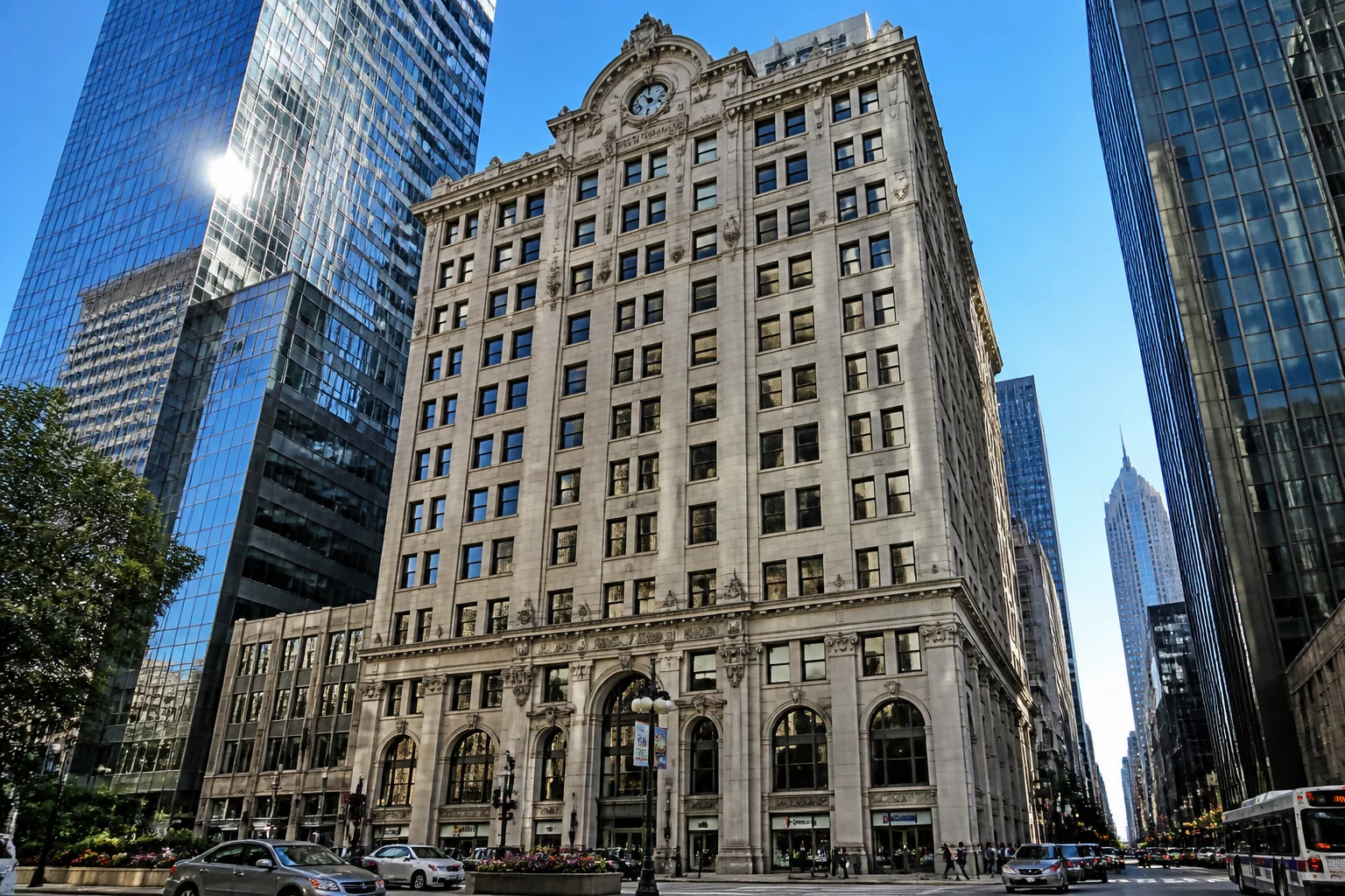 Elegant 1920s office building facade in a dense urban setting